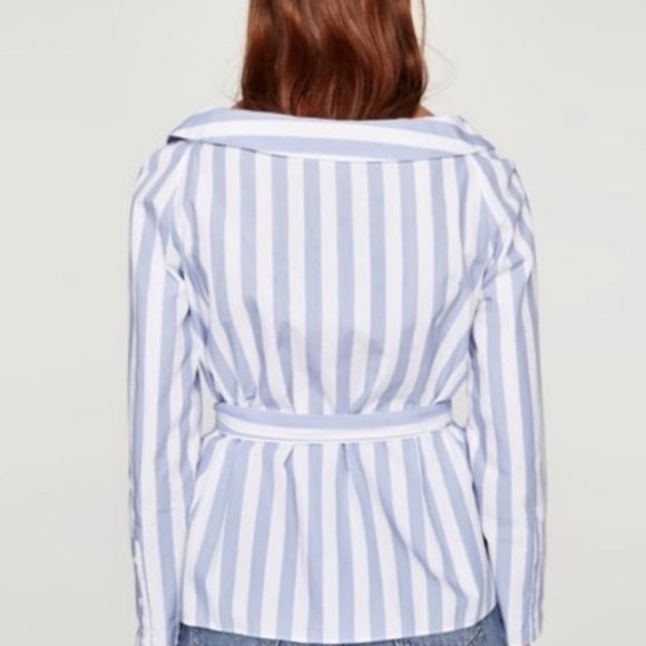 ZARA Stripe White Blue Button Up Collar Wrap Top - Picture 5 of 5